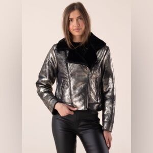 Molly Bracken Moto Gold Reflective Metallic Black Gold Jacket, Size Large